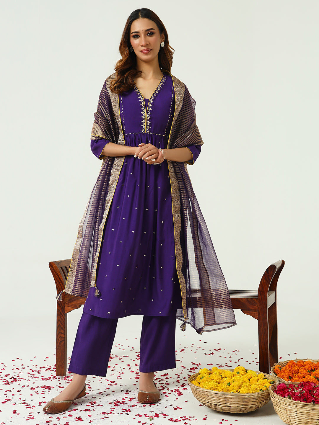 FIORRA Women's Purple Chanderi A-line Kurta with Pant and Dupatta